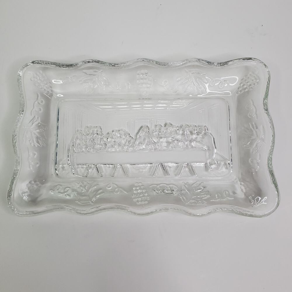 The Last Supper Trinket Vintage Indiana Glass Tiara Dish Clear Embossed Glass 6"